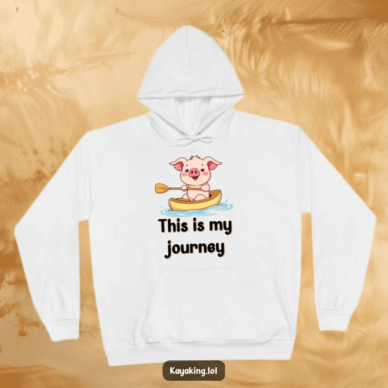 Funny kayaking pig hoodie, paddling a small kayak with enthusiasm. Warm and humorous apparel. Great gift.