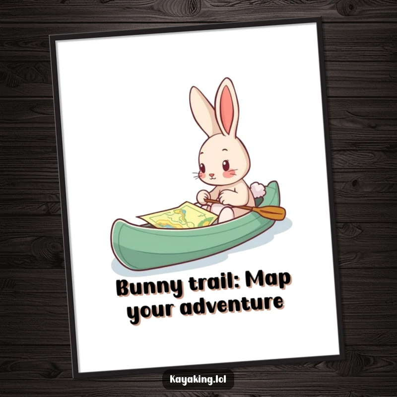 Funny Free Printable Wall Art: A curious bunny intently studies a map while sitting in its kayak, ready for adventure.