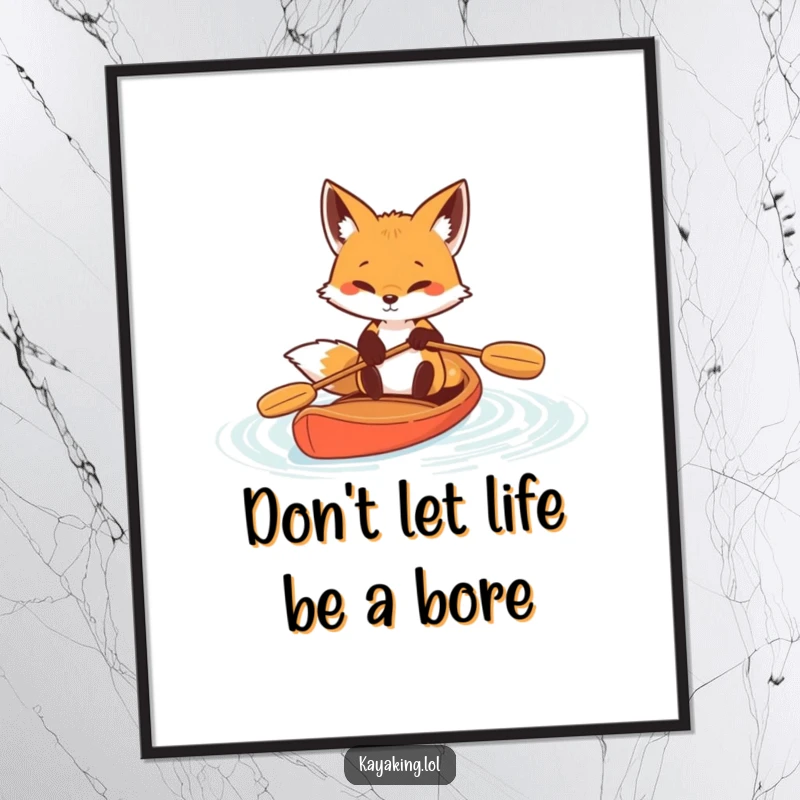 Funny Free Printable Wall Art: A determined fox paddling vigorously in a kayak, focused and powerful, inspirational downloadable decor.