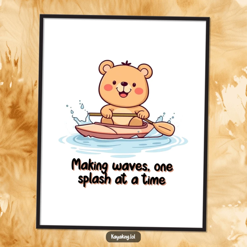 Funny Free Printable Wall Art: Happy bear splashing water with a kayak paddle, a humorous and playful downloadable piece.