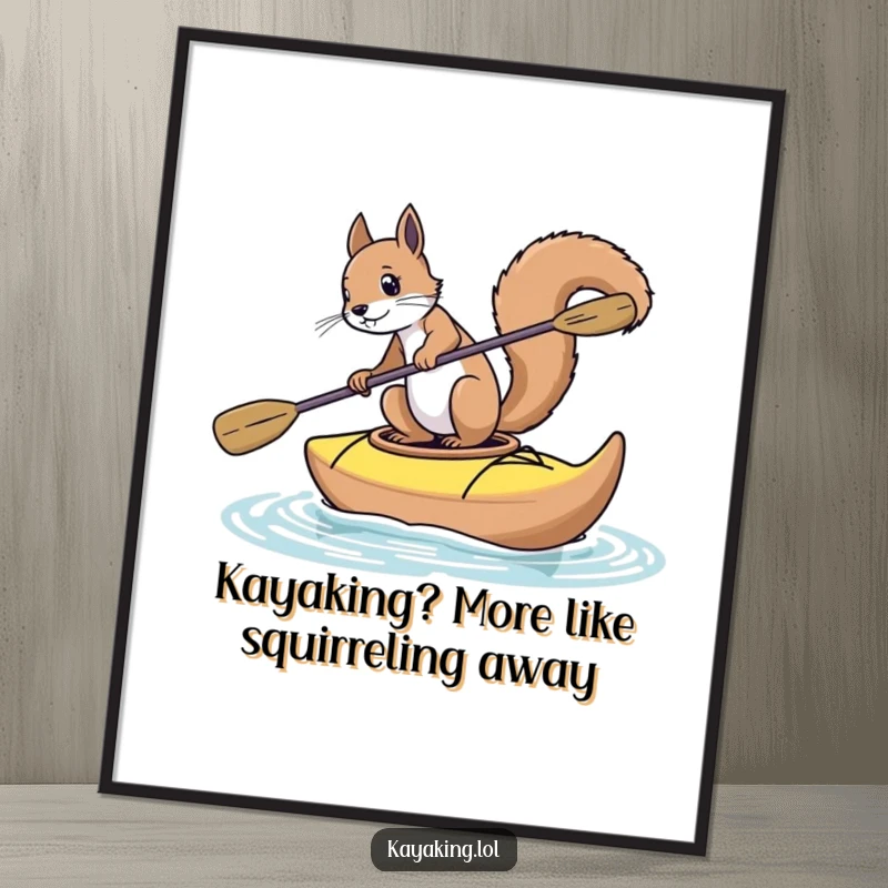 Funny Free Printable Wall Art: A squirrel hilariously tries to paddle a wobbly kayak, adding quirky charm.