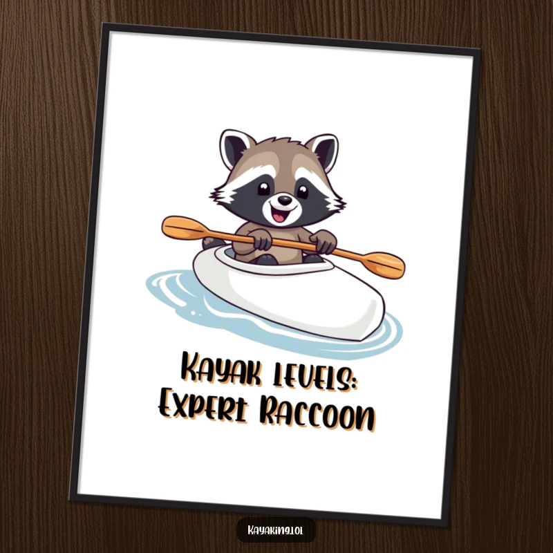 Funny Free Printable Wall Art: Raccoon joyfully steers kayak, paw on paddle, whimsical and humorous downloadable art.