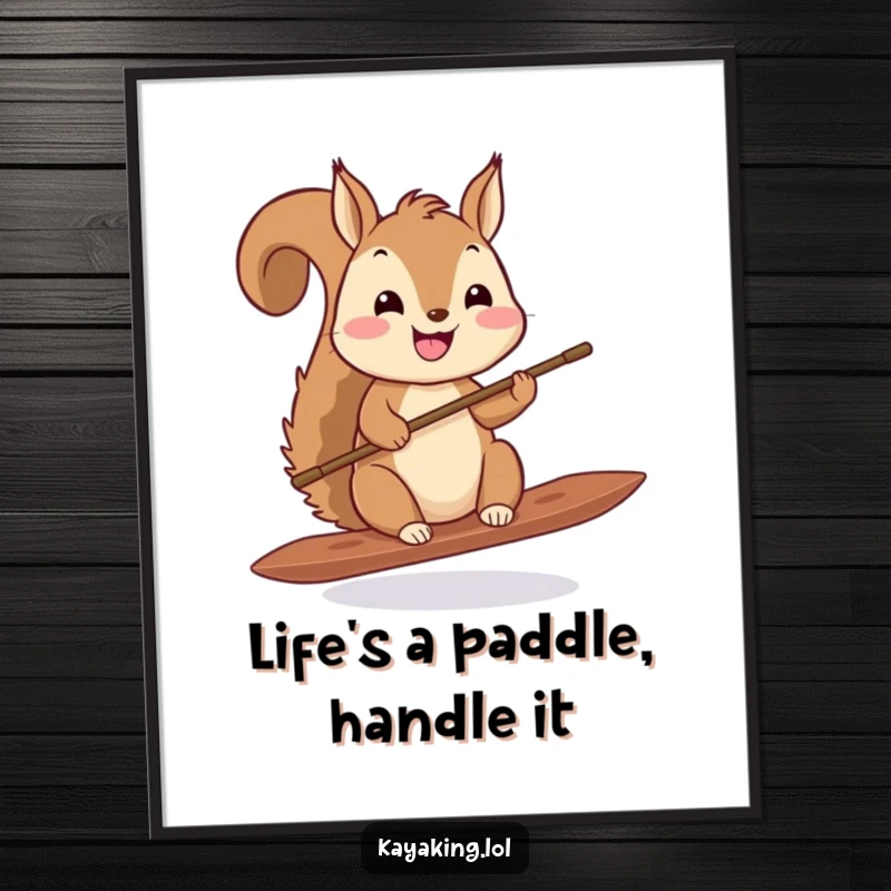Funny free printable wall art of a happy squirrel balancing a tiny paddle, embodying adventure and charm.