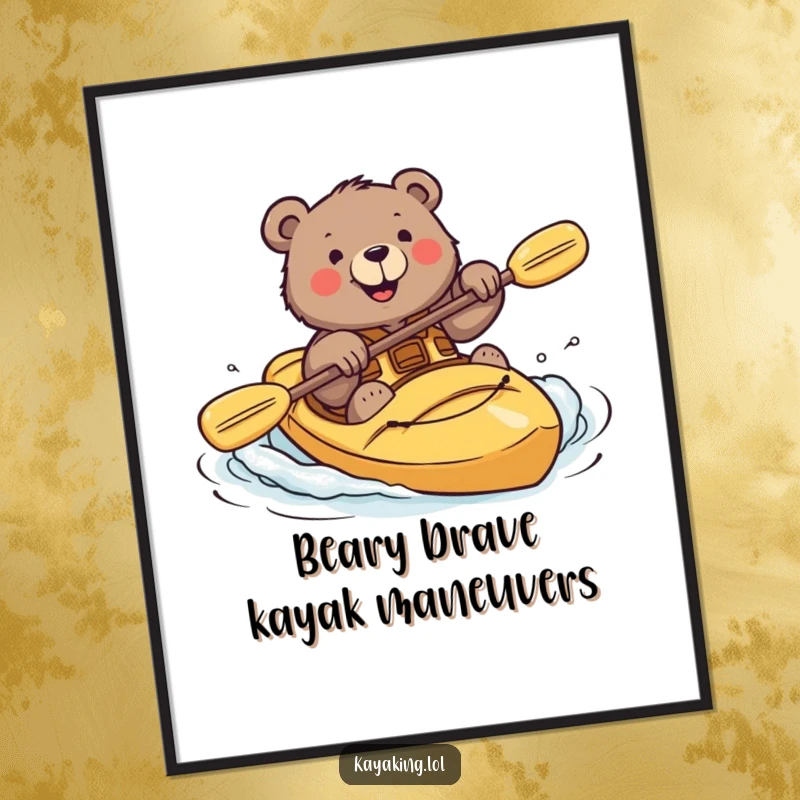 Funny Free Printable Wall Art: A brave bear smiles while attempting a kayak roll, creating adventurous downloadable art.