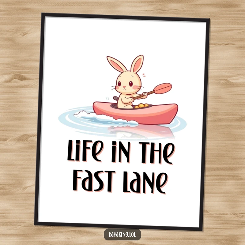 Funny Free Printable Wall Art: An energetic rabbit zooms its kayak through calm, flat water.