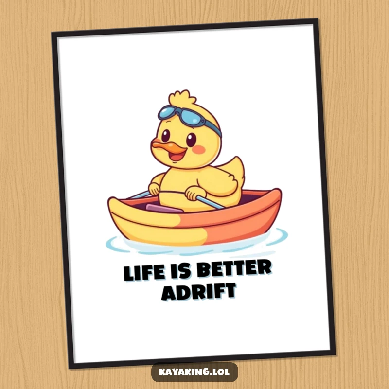 Funny Free Printable Wall Art: Whimsical duck in a colorful kayak, smiling widely. Humorous downloadable decor piece.