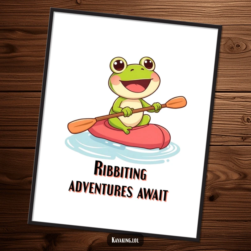 Funny Free Printable Wall Art: Energetic frog paddling a kayak with glee. Humorous downloadable art piece.