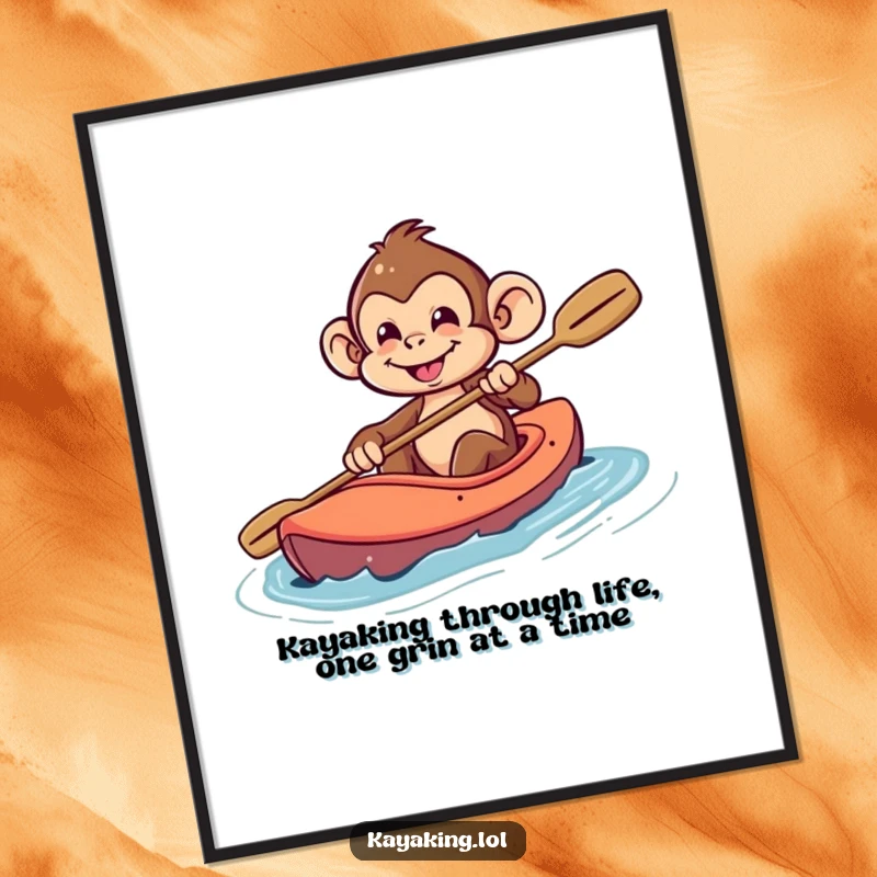 Funny Free Printable Wall Art: A playful monkey character enthusiastically steering a kayak with a mischievous grin, radiating fun.
