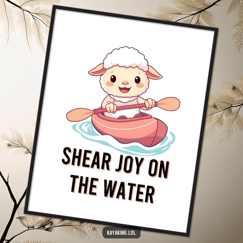 Funny Free Printable Wall Art featuring a cheerful sheep grinning widely while maneuvering its kayak, adding a touch of fun to your space.