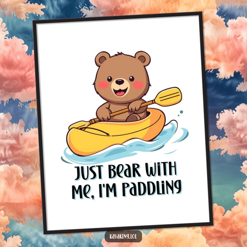 Funny Free Printable Wall Art: Smiling bear waving enthusiastically from a bright kayak, a humorous downloadable decor print.