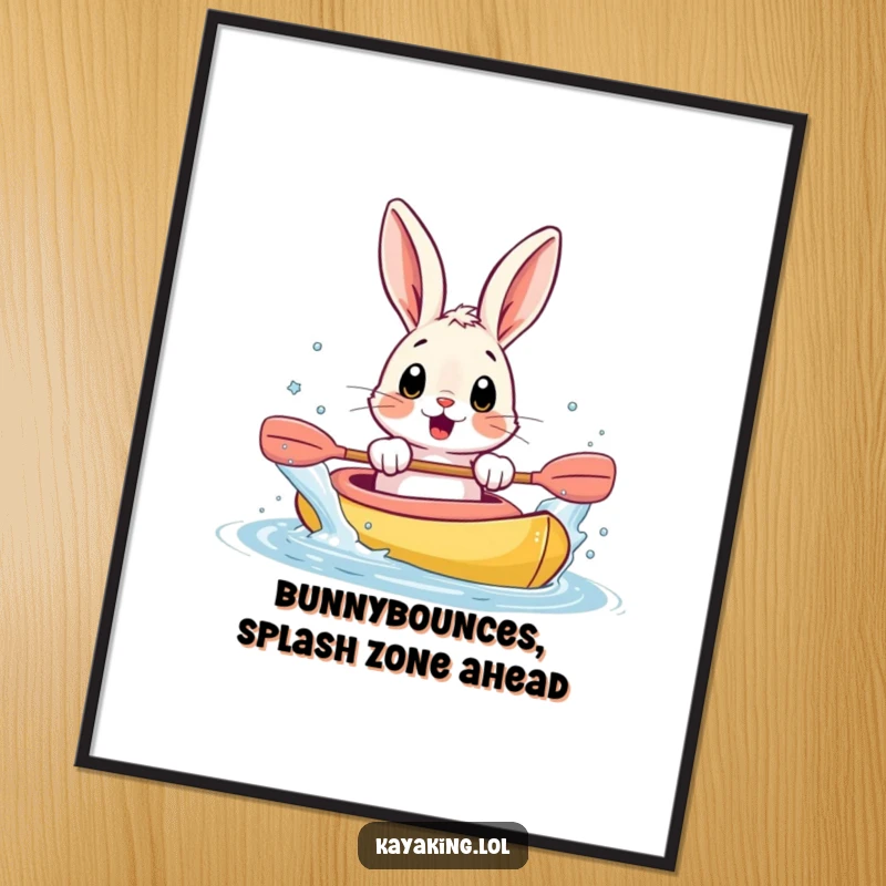 Funny free printable wall art of a surprised bunny enthusiastically splashing water from a kayak with its paws.