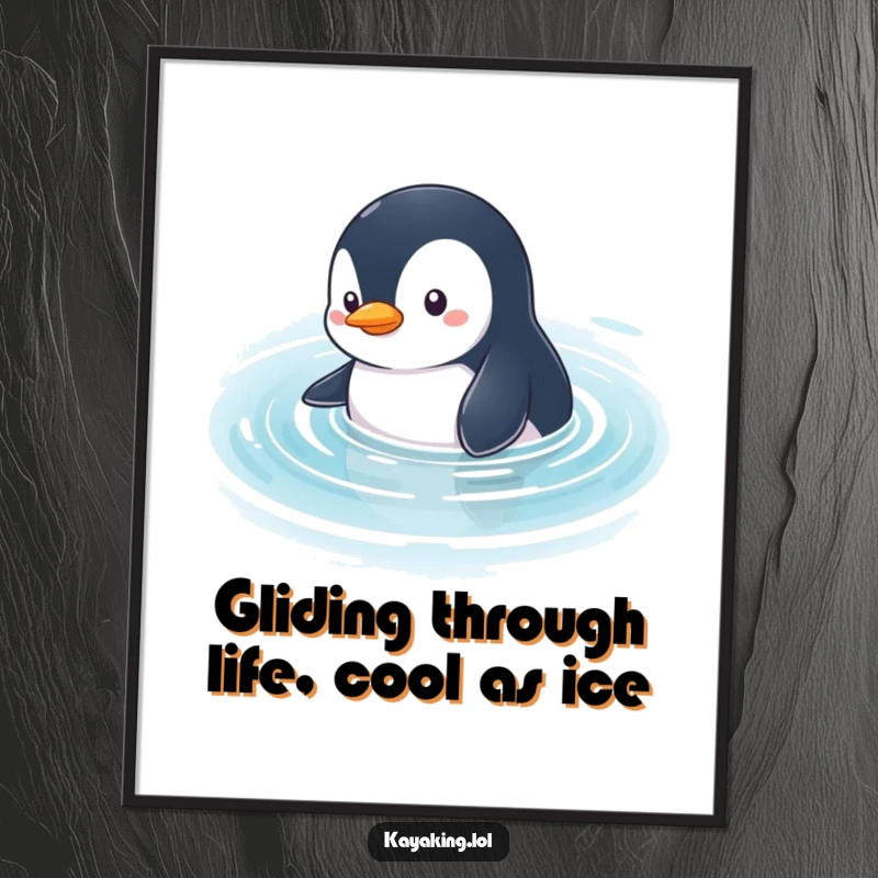 Funny Free Printable Wall Art: A curious penguin character gliding peacefully through calm water, looking around with gentle wonder.