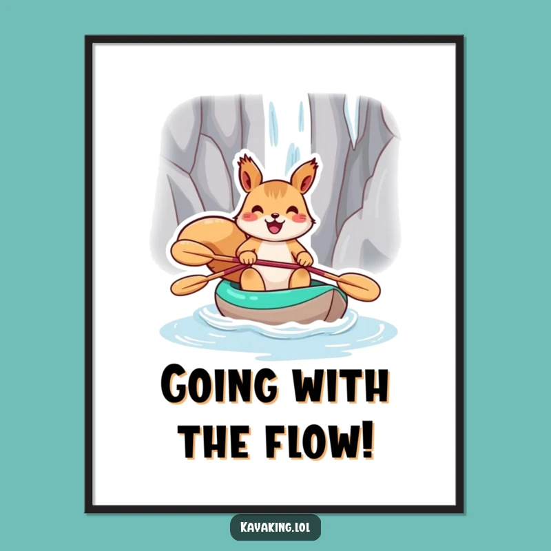 Free Printable Wall Art: Joyful Squirrel Kayaking a Waterfall, Funny Downloadable Art