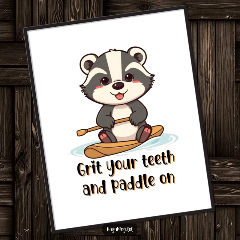 Funny free printable wall art of a determined badger paddling with great effort, a humorous motivational piece.