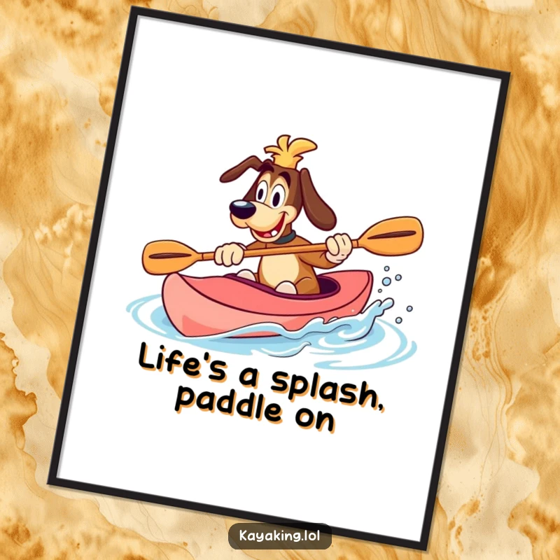 Funny Free Printable Wall Art: A goofy dog splashing water with its paddle in a kayak, adding playful, adventurous charm to your decor.