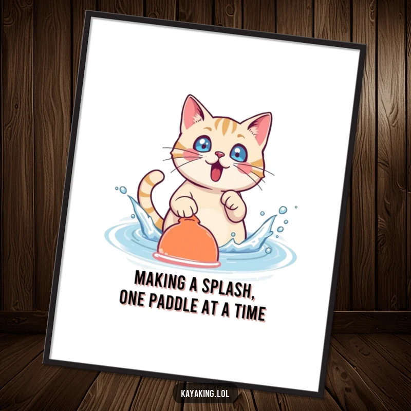 Funny Free Printable Wall Art: A surprised cat character comically creating a large water splash with its paddle, full of action.