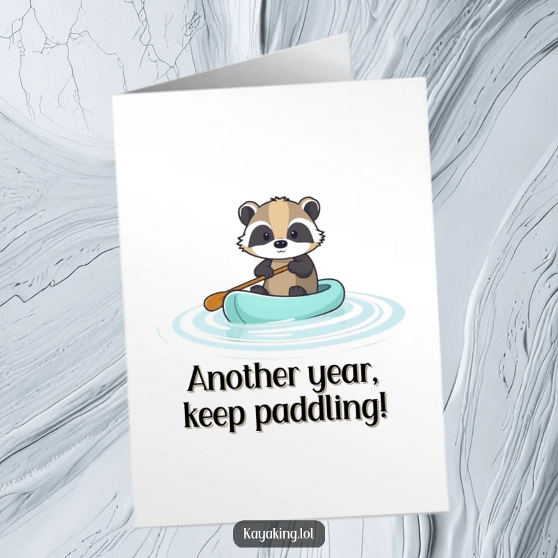 Funny Free Printable Birthday Card: A brave badger confidently paddles a kayak through gentle ripples, happy expression, DIY.