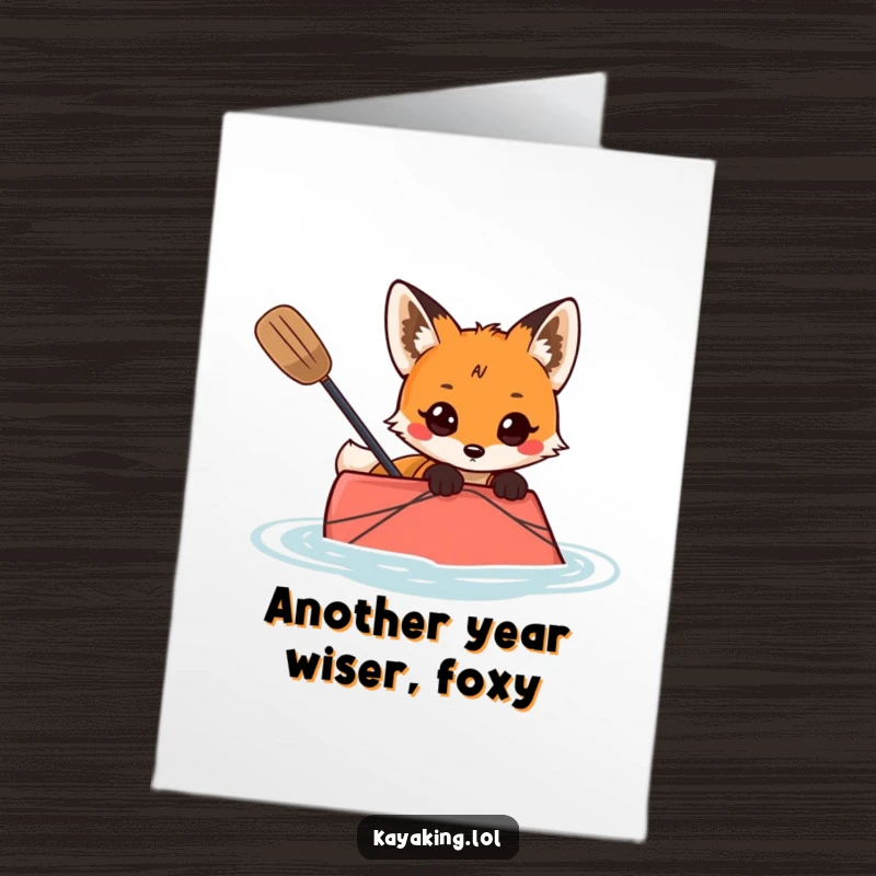 Funny Free Printable Birthday Card: Curious fox peeking over kayak edge, plotting birthday fun, downloadable art.