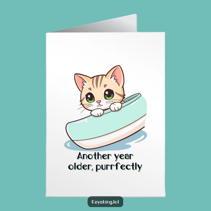 Free Printable Birthday Card: Curious Cat Kayaking - Funny Downloadable Gift Idea