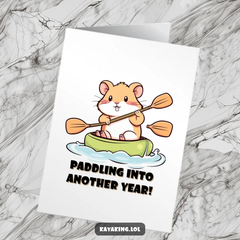 Funny Free Printable Birthday Card: A small hamster paddles a kayak with intense focus, perfect for a birthday wish.