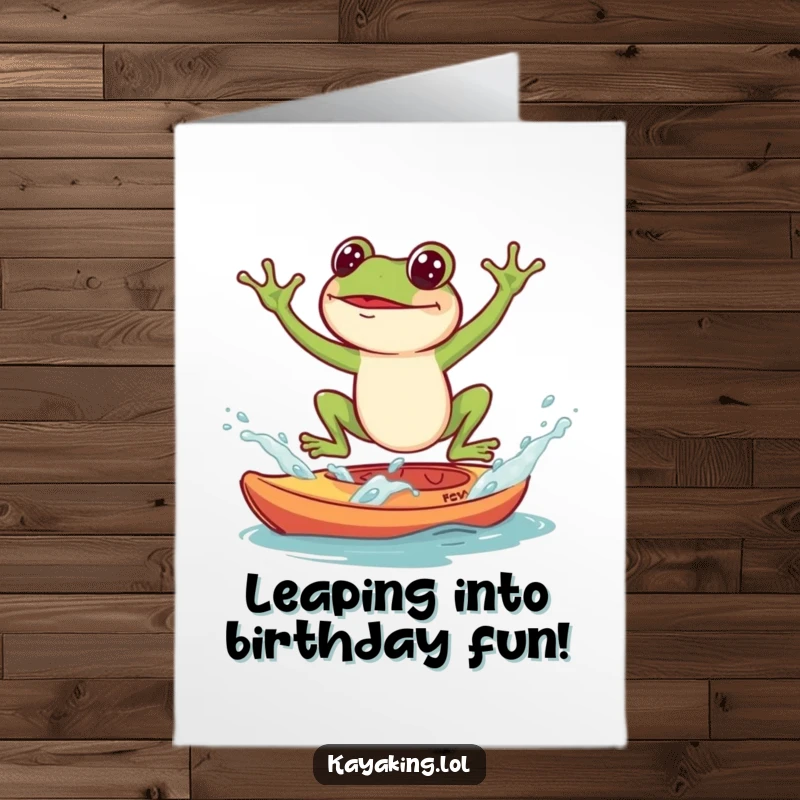 Funny Free Printable Birthday Card: A frog makes a big splash as it lands in a kayak, perfect for birthday wishes.