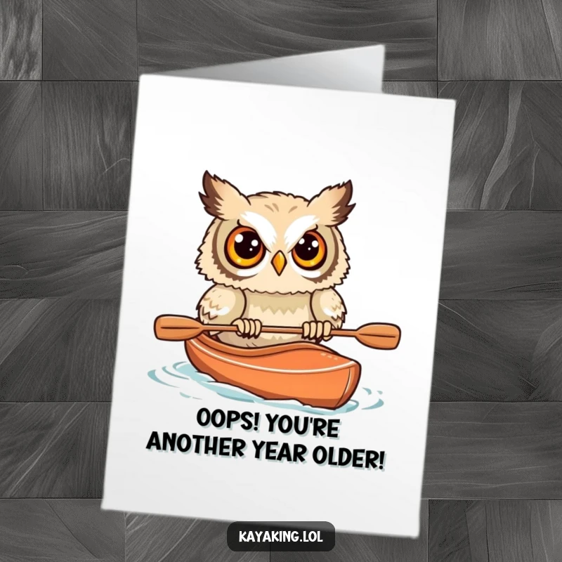 Funny Free Printable Birthday Card: Startled owl in a kayak nearly flipping, wide-eyed and comical, perfect DIY gift.