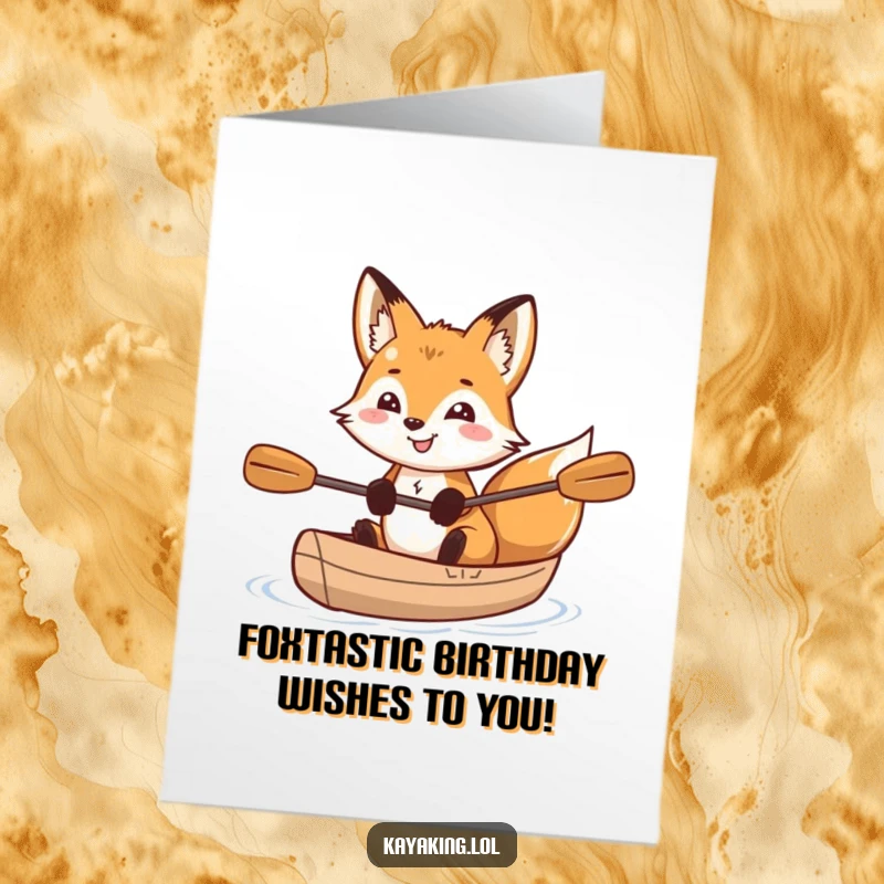 Funny Free Printable Birthday Card: Grinning fox with sparkling eyes sits in a kayak, a clever downloadable greeting.