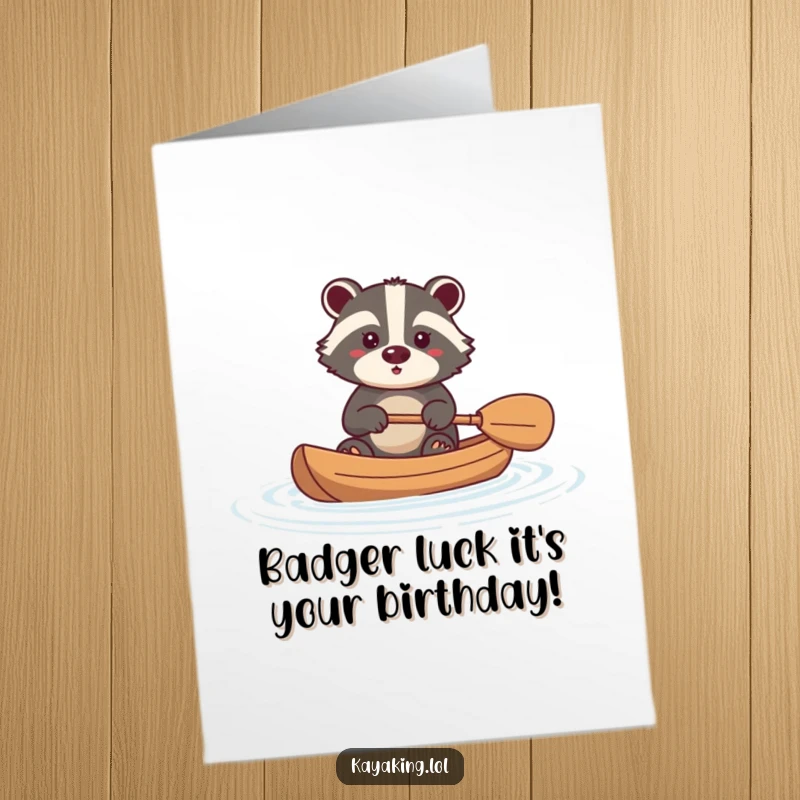 Funny Free Printable Birthday Card: A brave badger confidently paddling a kayak on calm blue water.