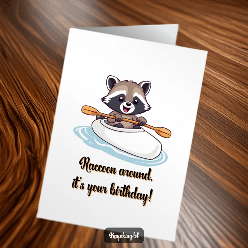 Funny Free Printable Birthday Card: Joyful raccoon expertly steers kayak, paw on paddle, a hilarious downloadable greeting.