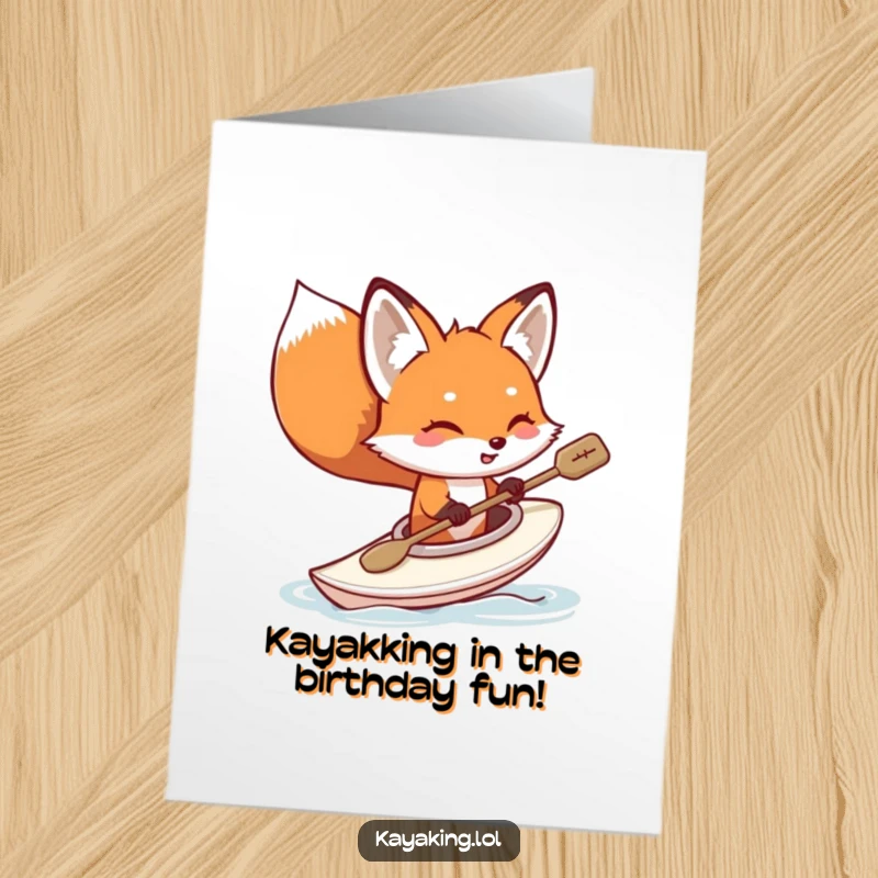 Funny free printable birthday card featuring a playful fox humorously tipping its kayak, ready to bring laughs.