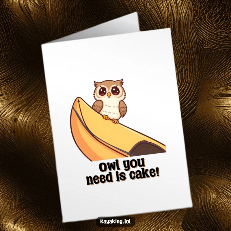 Funny Free Printable Birthday Card: A giggling owl with wide eyes peeks over a kayak edge, ready to deliver laughs.