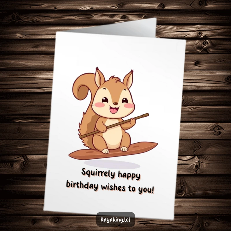 Funny free printable birthday card featuring a happy squirrel expertly balancing a tiny paddle, ready for adventure.