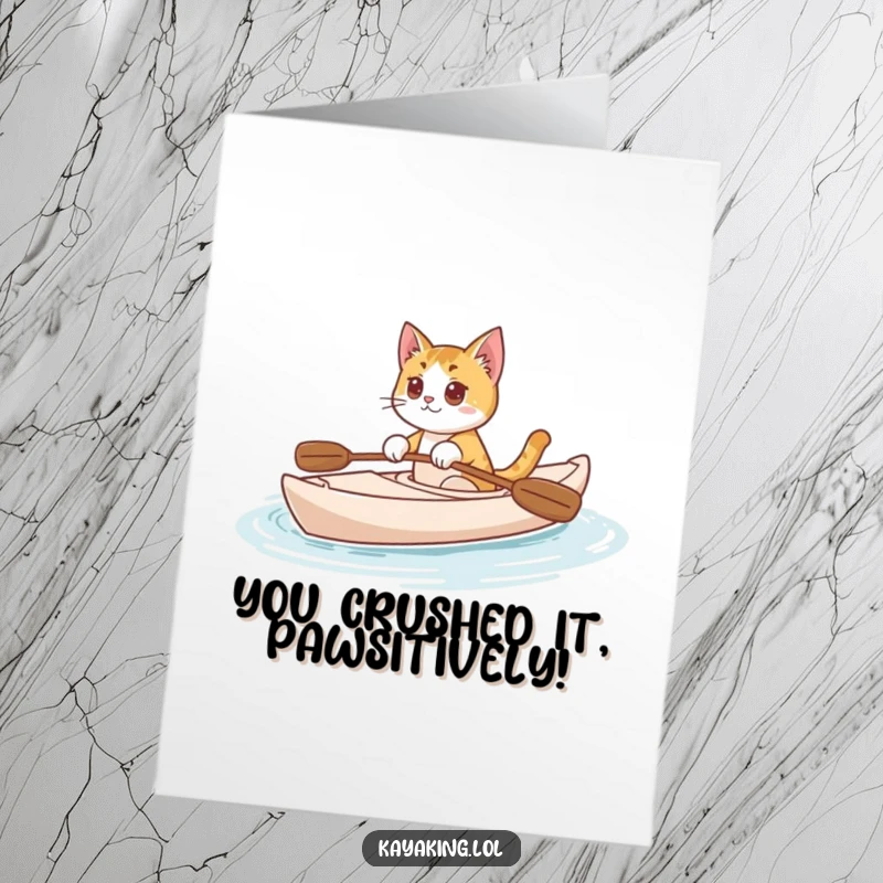 Funny Free Printable Congratulations Card: Curious cat confidently kayaking, celebrating an accomplishment, a unique downloadable greeting.