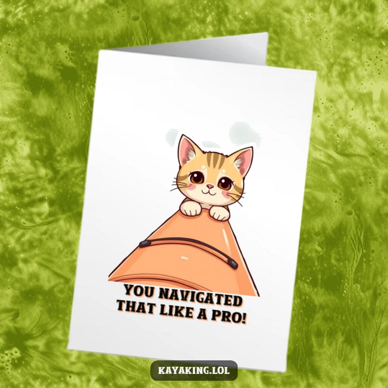 Funny Free Printable Congratulations Card: A curious cat cautiously peeks over the side of a kayak, congratulating with wonder.