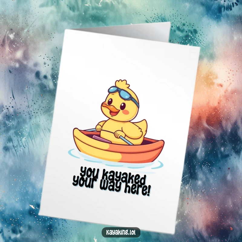 Funny Free Printable Congrats Card: Smiling duck paddling a colorful kayak, celebrating a win. Hilarious downloadable.