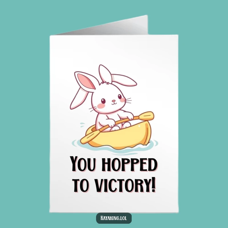 Free Printable Congrats Card: Playful Bunny Kayaking Success - Funny Downloadable