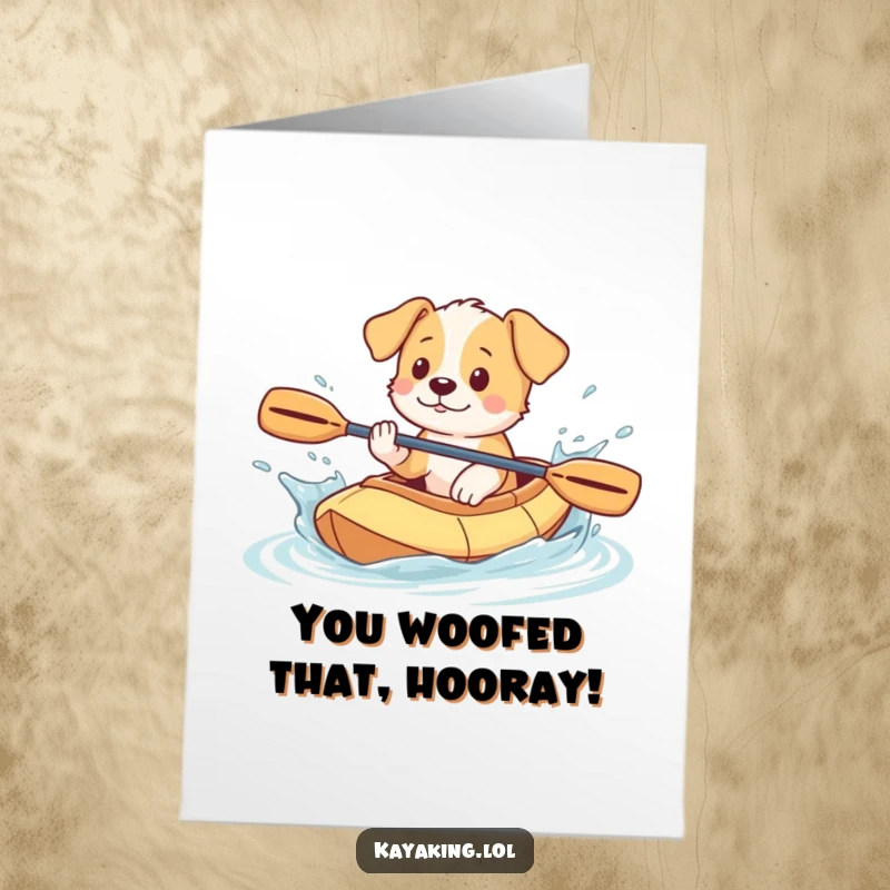Funny Free Printable Congratulations Card: Playful puppy splashing water from a kayak, celebrating success, a lively downloadable greeting.
