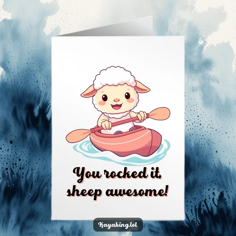 Funny Free Printable Congratulations Card showing a cheerful sheep grinning as it maneuvers its kayak, celebrating your achievement.