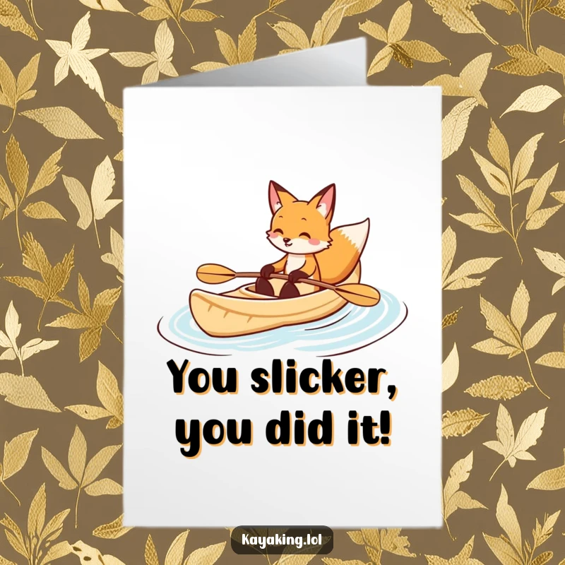 Funny Free Printable Congratulations Card: A smiling fox masterfully kayaks through waves, celebrating your well-deserved success.
