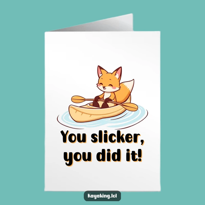 Free Printable Congrats Card: Smiling Fox Kayaking Funny Achievement Downloadable Greeting Gift