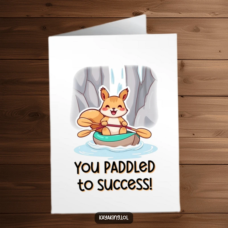 Funny Free Printable Congrats Card: A squirrel gleefully kayaks towards a triumphant waterfall finish line.