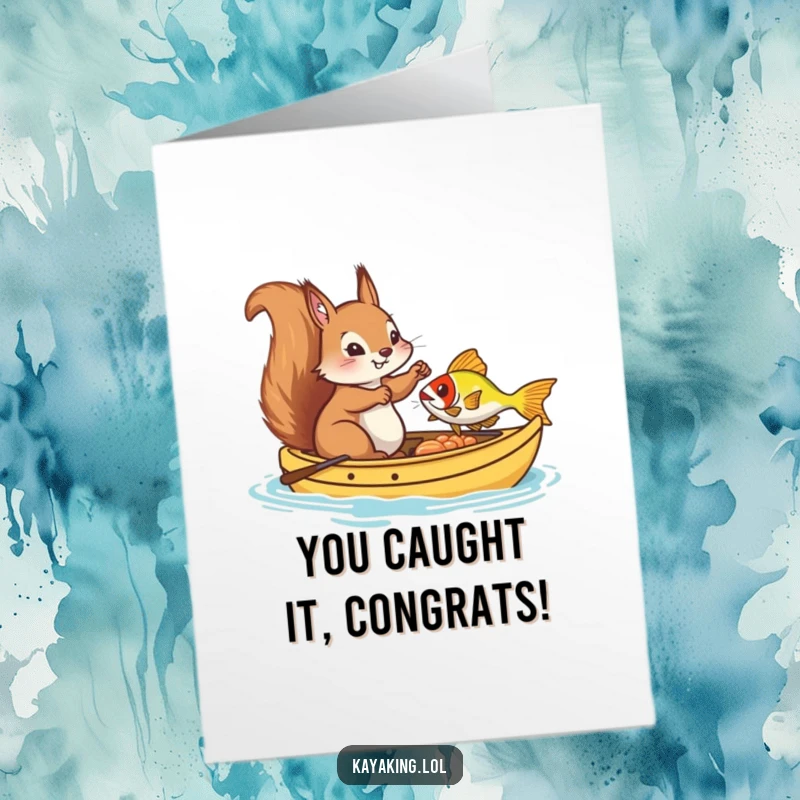 Free Printable Congratulations Card: Amusing squirrel in a kayak celebrates a catch, perfect for sending funny wishes.