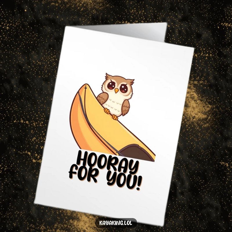 Funny Free Printable Congratulations Card: A giggling owl joyfully peeks from a kayak, celebrating your big news.