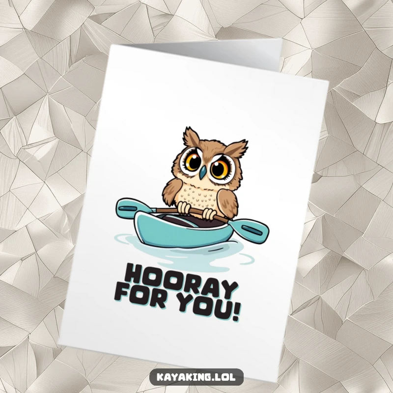Funny Free Printable Congratulations Card: Startled owl in a kayak, nearly tipping over, with wide, surprised eyes.