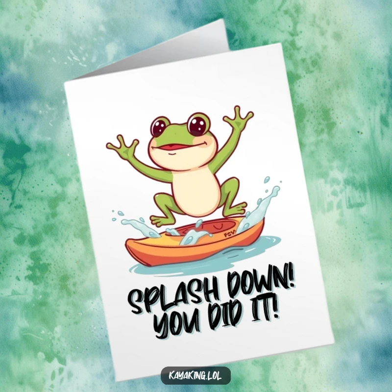 Free Printable Congratulations Card: A frog joyfully lands with a splash into an awaiting kayak, celebrating an achievement.