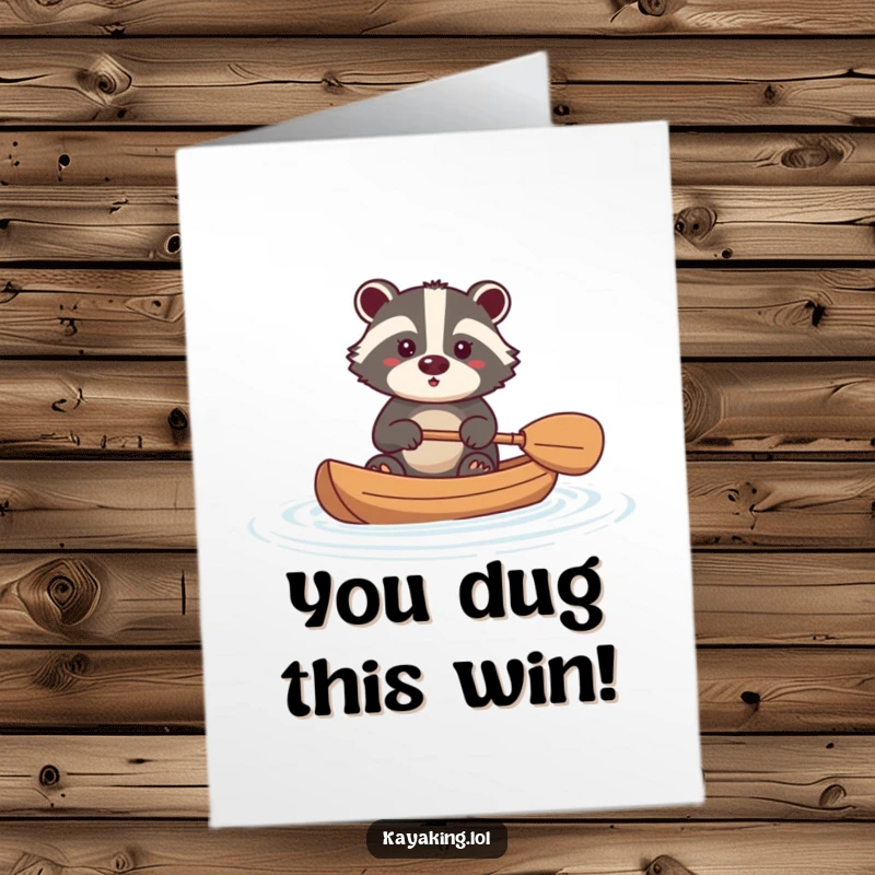 Funny Free Printable Congratulations Card: A determined badger gracefully paddling a kayak through gentle water ripples.