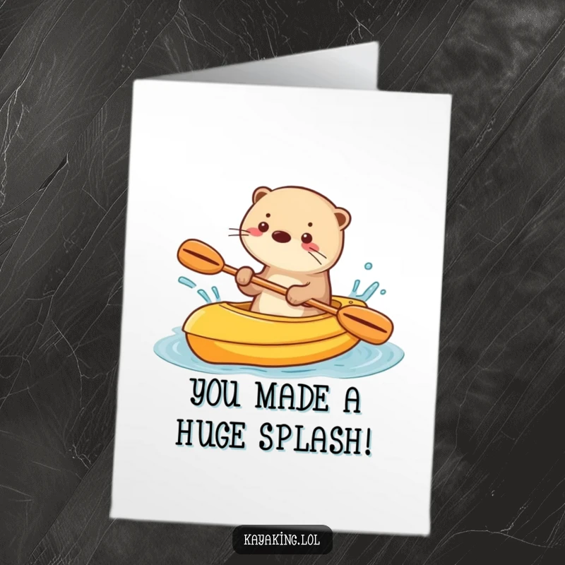 Funny Free Printable Congrats Card: Otter splashing water from kayak, celebrating achievements with watery fun, downloadable art.