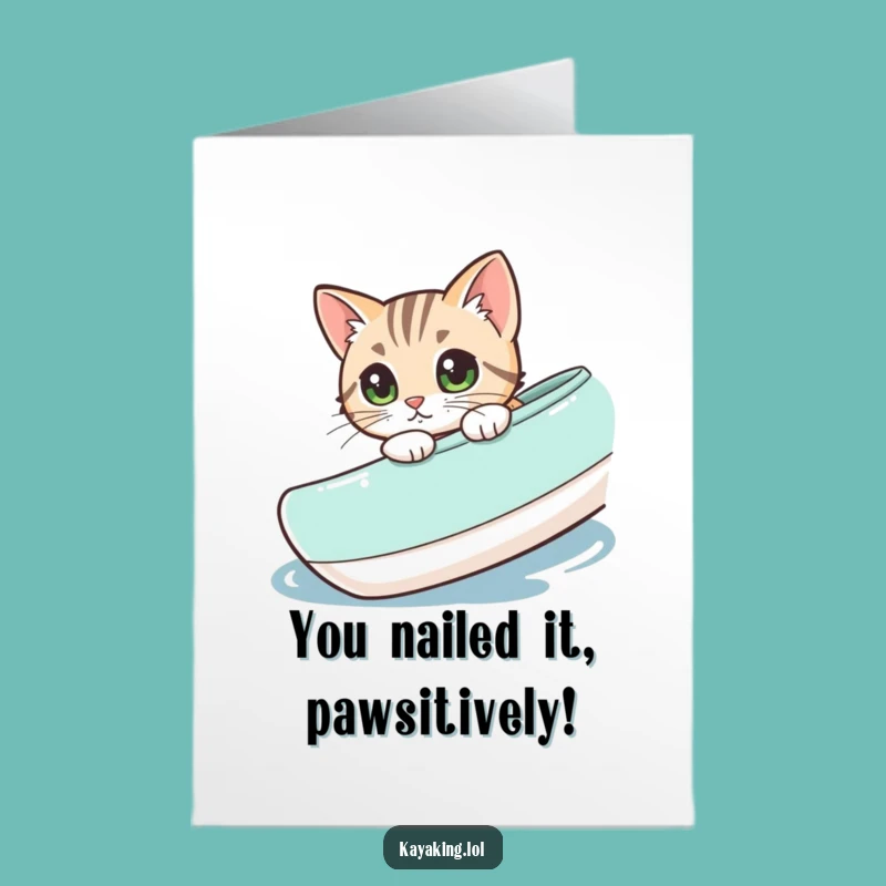 Free Printable Congrats Card: Cat Kayaking Victory - Humorous Downloadable Celebration