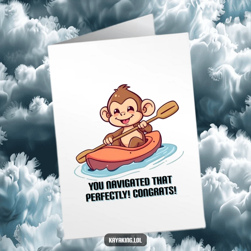 Funny Free Printable Congratulations Card: Mischievous monkey steering a kayak with a wide grin, celebrating a successful adventure.