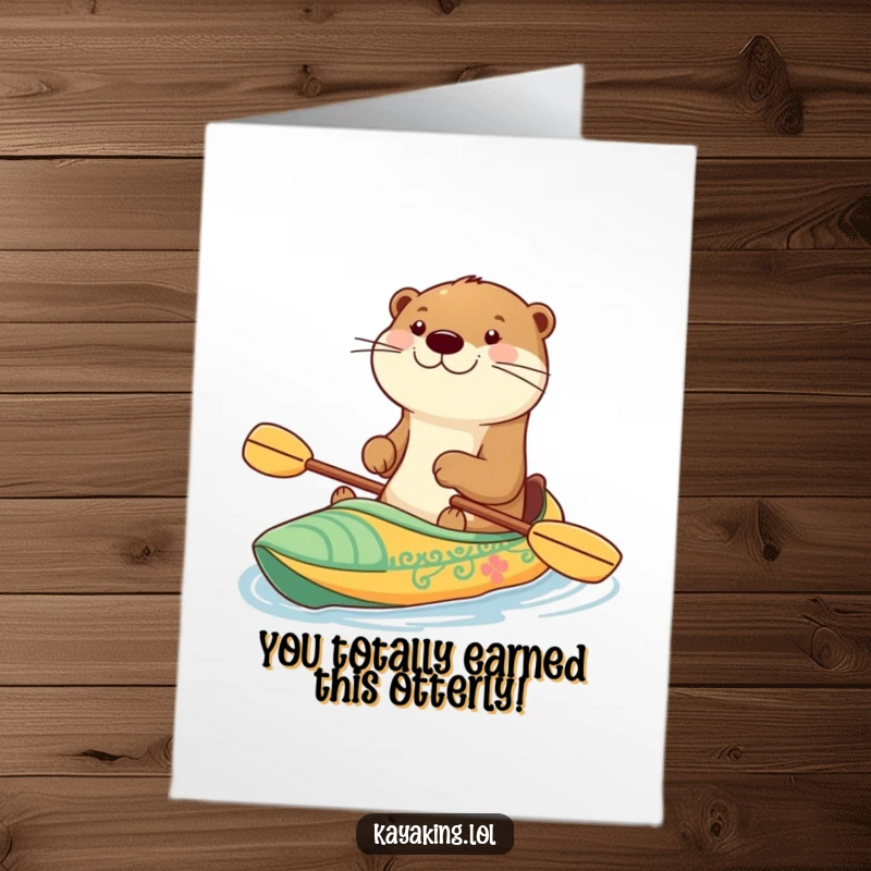 Funny Free Printable Congratulations Card: A grinning otter joyfully paddles a decorated kayak, celebrating their success.